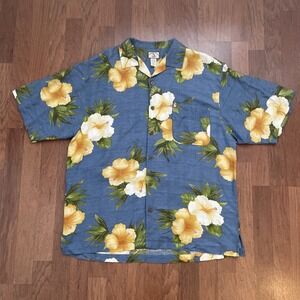 Original Island Sport Mens Hawiian Shirt Blue Floral Large Rayon Short Sleeve